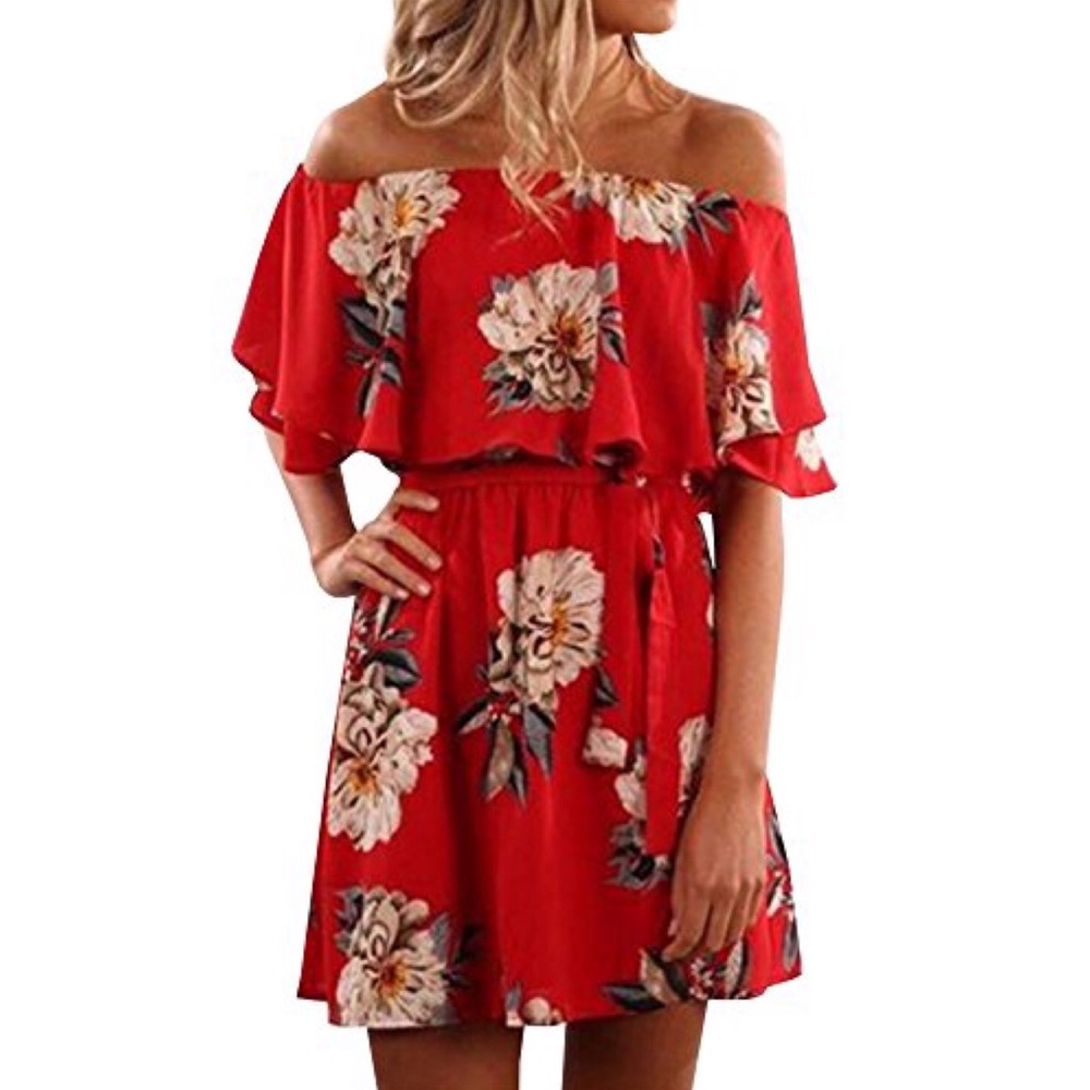 Women's Floral Print Red Off Shoulder Layer Ruffle Mini Dress